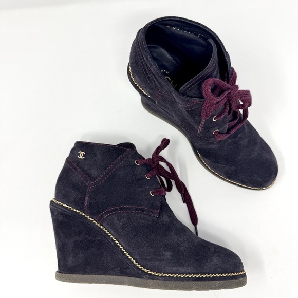 CHANEL Wedge Suede Burgundy Wedge Boots